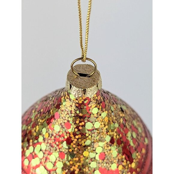 Pair Red and Green Glittery Glass Christmas Ornaments Round Ball Teardrop Felted - Picture 7 of 10
